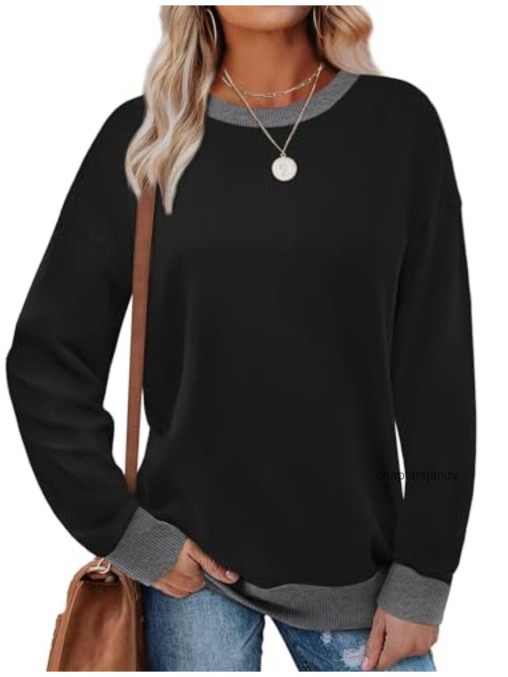 Saloogoe Crewneck Long Sleeve Loose Fit Color Block Ribbed Trim Sweatshirt